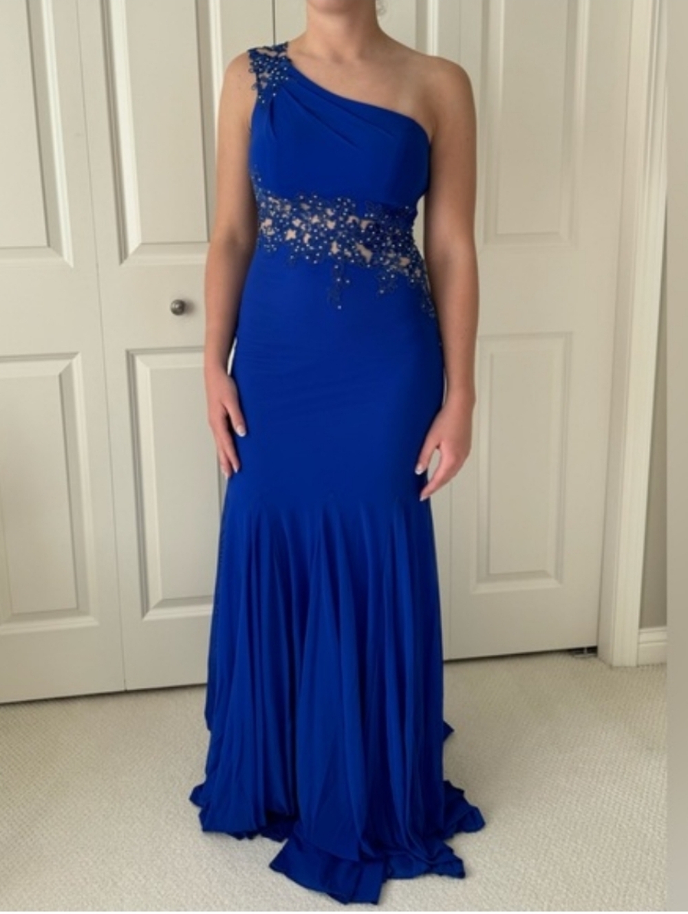 One-Shoulder Royal Blue Evening Prom Gown With Embellished Lace Waist, Size 4